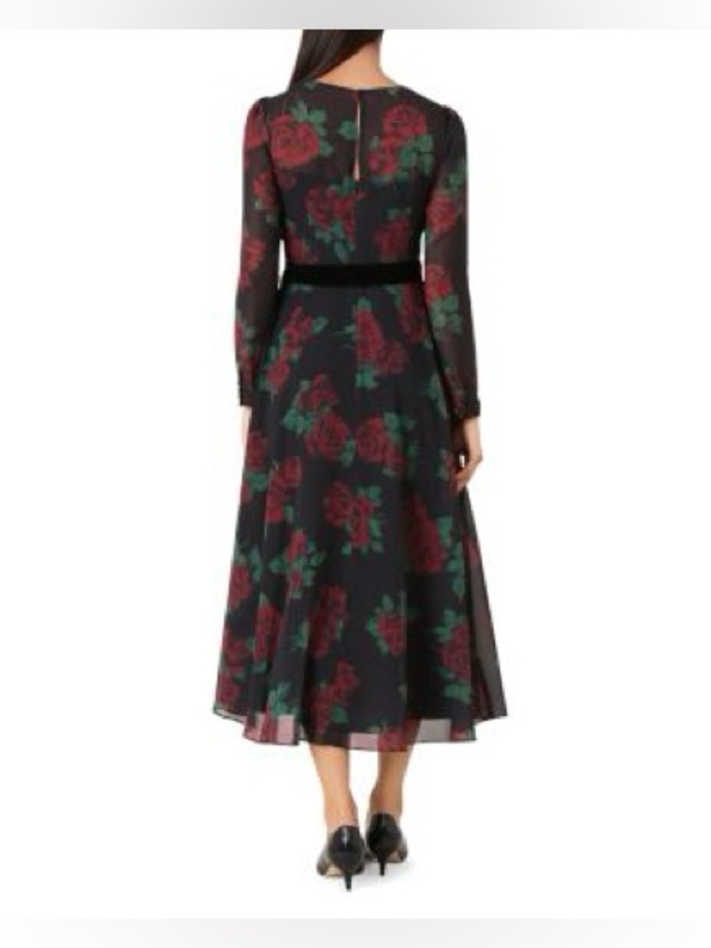 HOBBS Long Black Floral Maxi Dress with Velvet Waist Tie - Picture 2 of 6